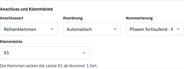 Anschlussart Reihenklemmen mit Anordnung, Nummerierung und Klemmleiste X1