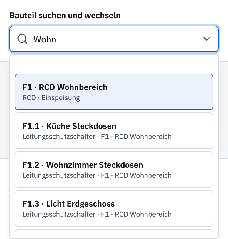 Geöffnete Bauteilsuche mit Kennzeichen, Namen und übergeordneter Gruppe an den Ergebnissen.