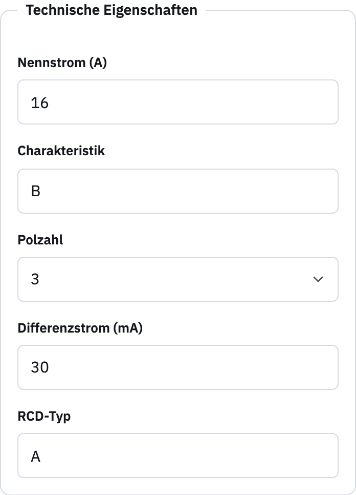 FI-LS-Bearbeitung mit Nennstrom, Charakteristik, Polzahl, Differenzstrom und RCD-Typ.