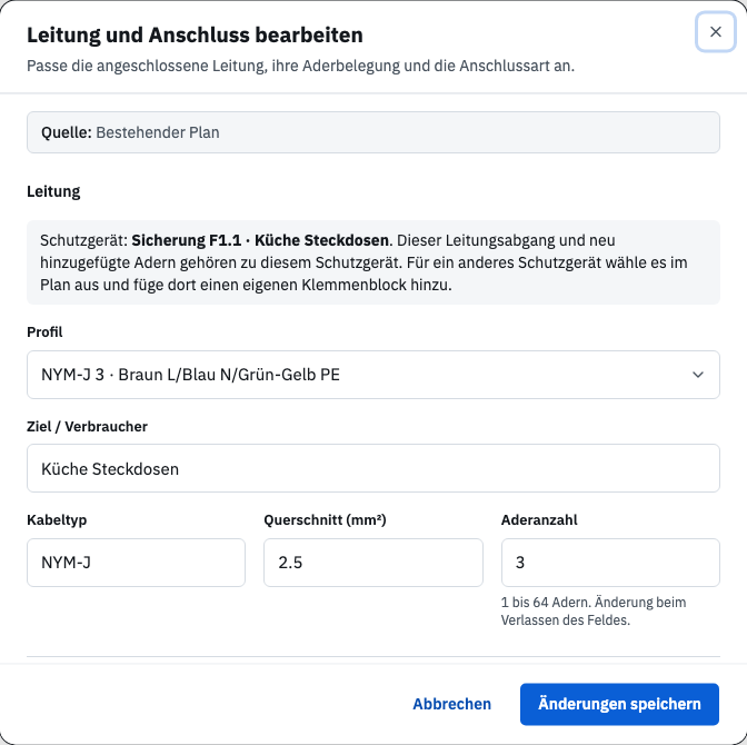 Leitung und Anschluss bearbeiten: Profil, Ziel, Kabeltyp, Querschnitt und Aderzahl im Editor