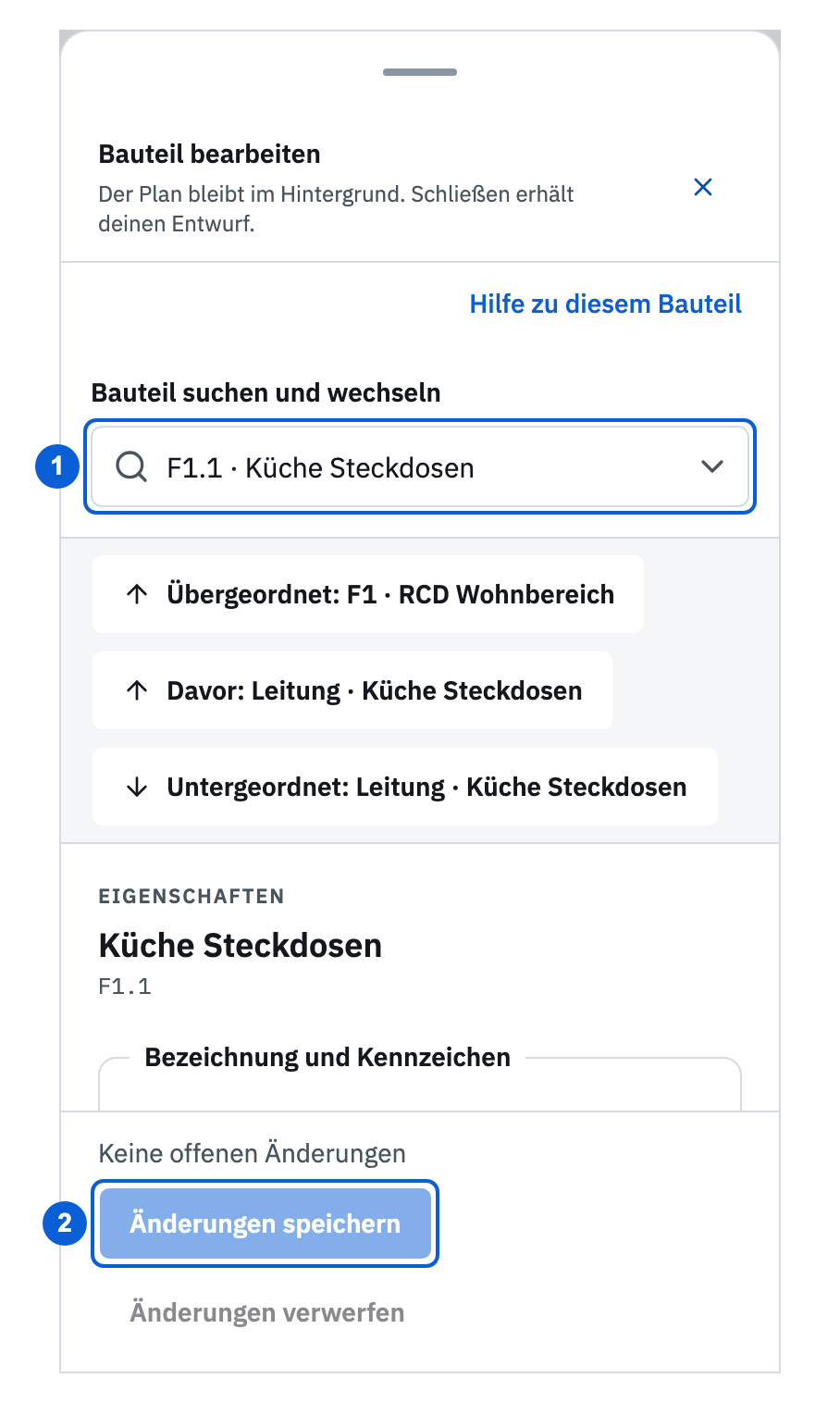Mobiles Bearbeitungsfenster: Bauteilsuche oben und Speicheraktion unten; die Werte liegen im scrollbaren Bereich dazwischen.