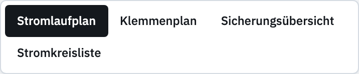 Ansichtsbuttons Stromlaufplan, Klemmenplan, Sicherungsübersicht und Stromkreisliste.