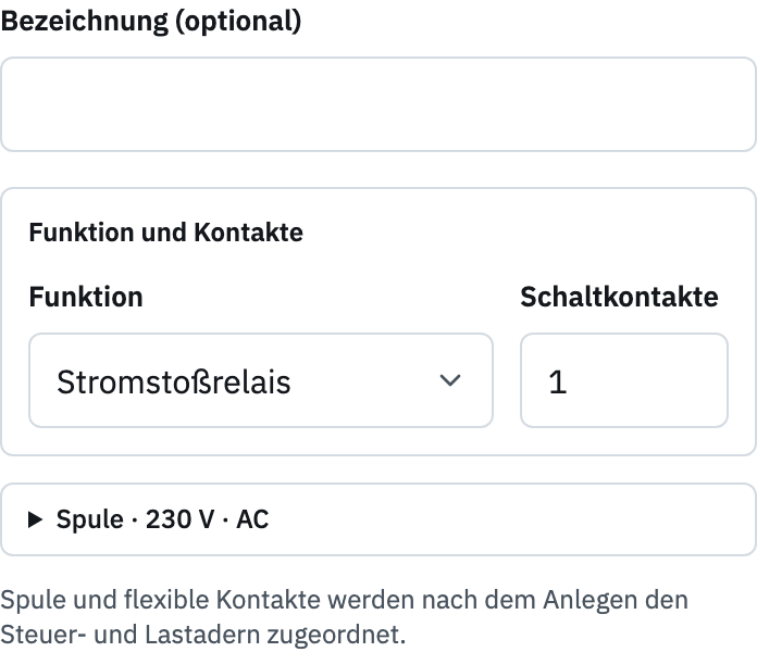 Schaltgeräteformular mit Funktion Stromstoßrelais, Schaltkontakten und aufklappbarem Spulenbereich.