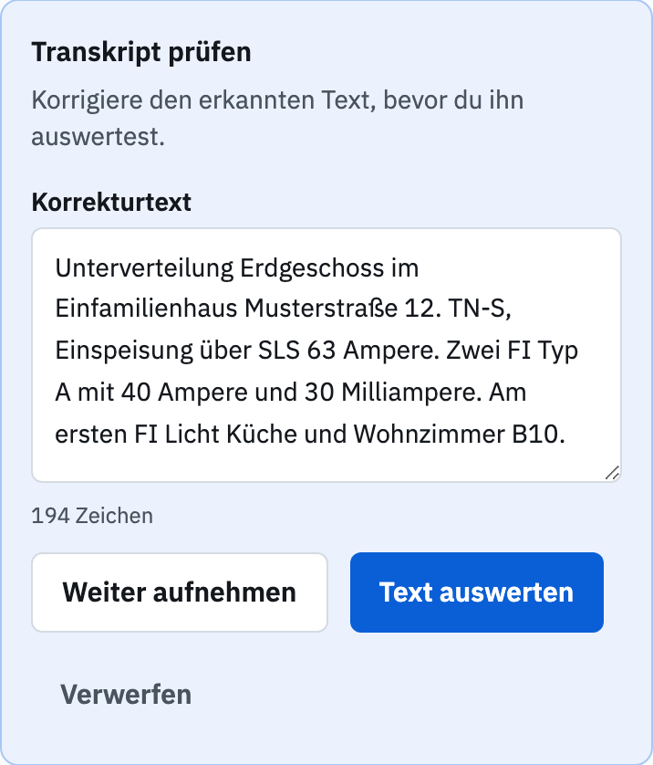 Korrekturtext vor Text auswerten; der Plan ist in diesem Schritt noch nicht gespeichert.